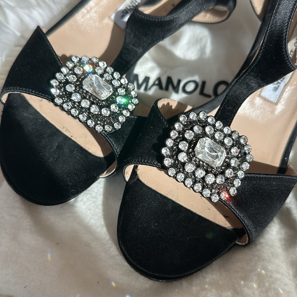Manolo Blahnik Black Satin and Crystal Embellished Heels T-strap slingback pumps - Picture 14 of 15